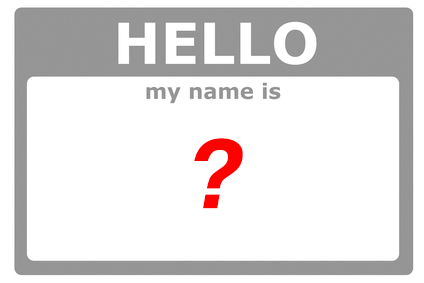 "Hello my name is" sticker with a qustion mark